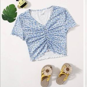 SHEIN Adorable Teen Girls Ditsy Floral Lettuce Trim Ruched Tee SZ 12-13 years
